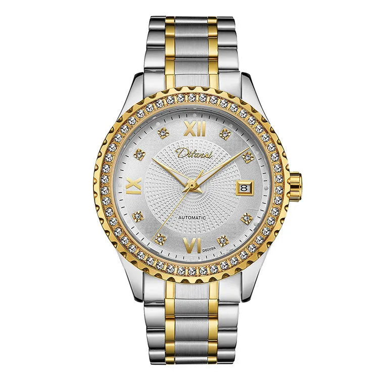 Fashionmonger men's automatic mechanical watch with luminous hands on wrist, showing gold case and white dial option.