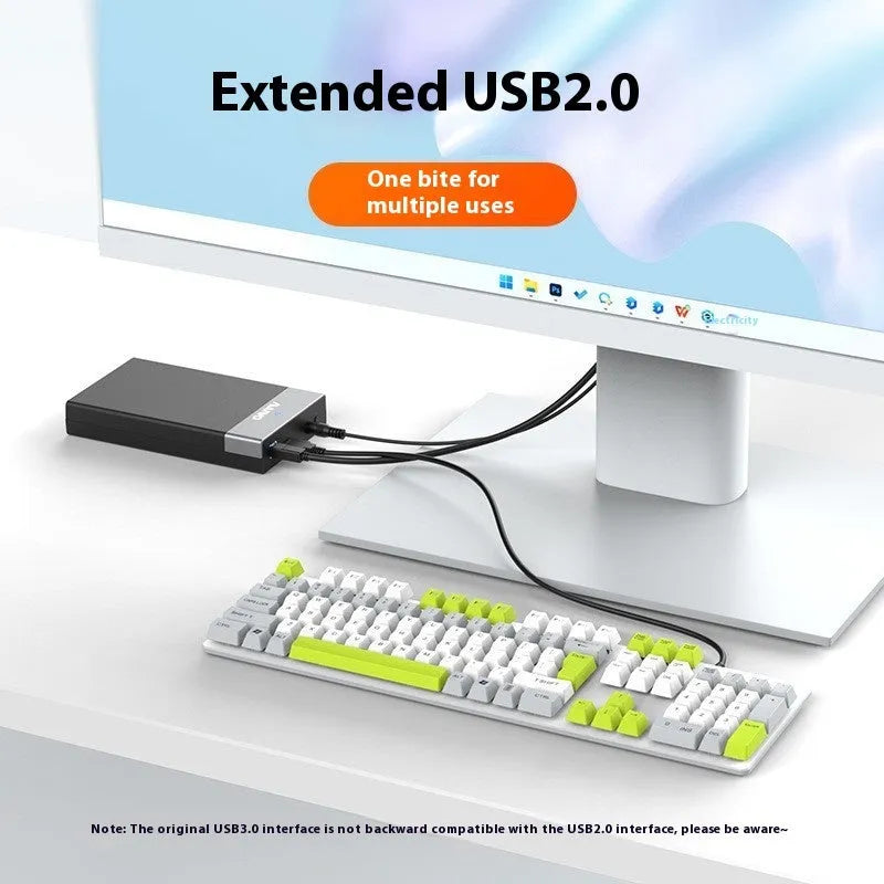 3.5-inch external hard drive enclosure in ABS plastic with USB 3.0 cable and power supply.