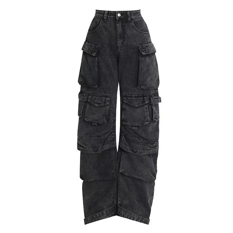 Women's tie-dyed high waist wide leg trousers with multiple pockets in denim fabric