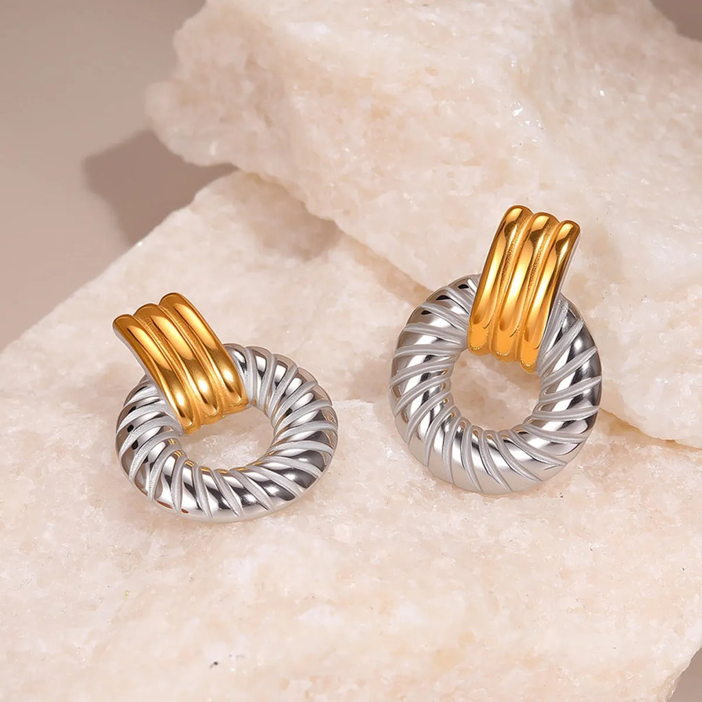 Stainless steel geometric earrings for women with 18K electroplated gold and silver colour matching round ring line design