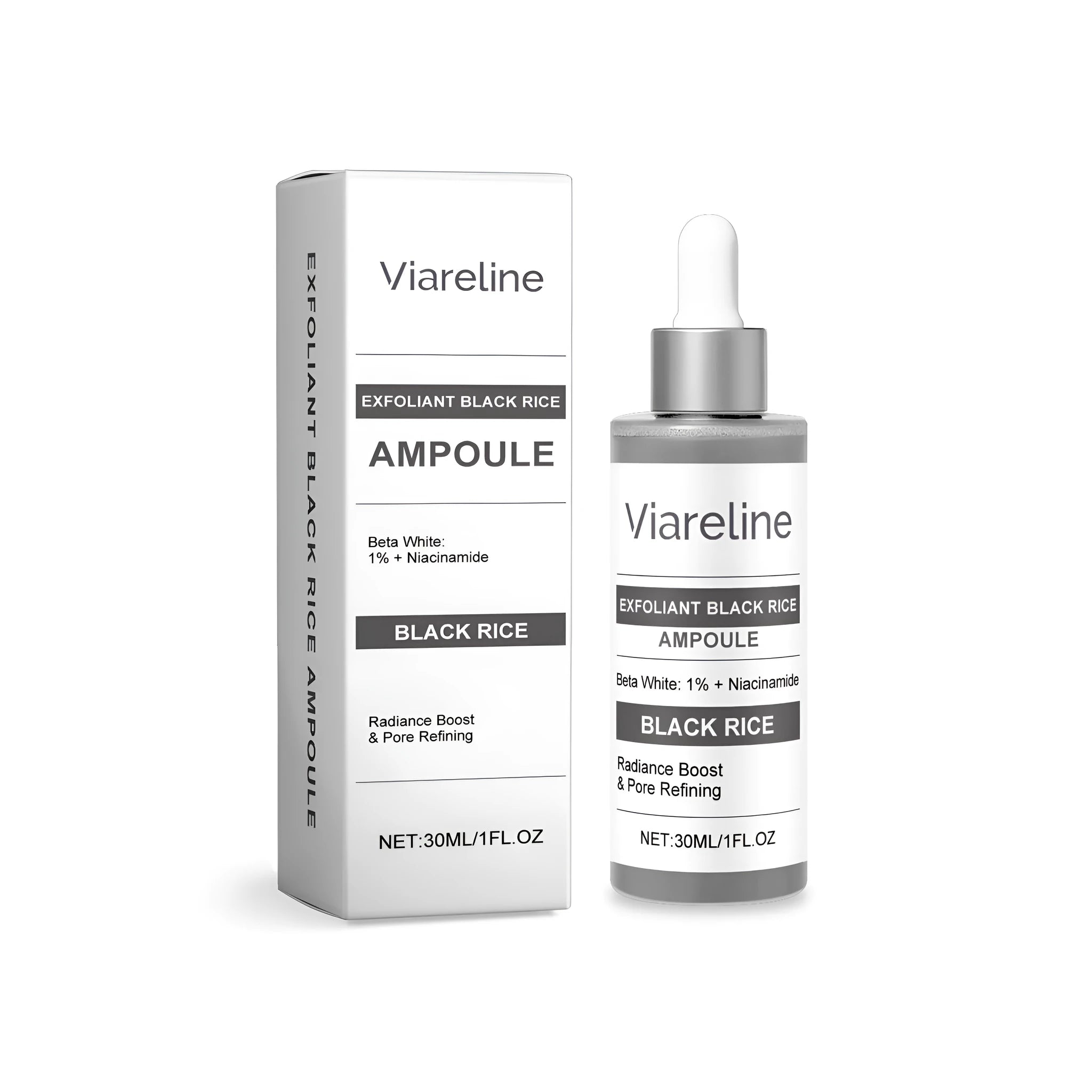 30ml bottle of exfoliating black rice liquid serum for light wrinkles containing oligopeptide-68 and nicotinamide