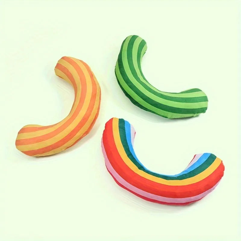 Set of four striped pattern cat toys with catnip and bells in green, rainbow, and yellow colours