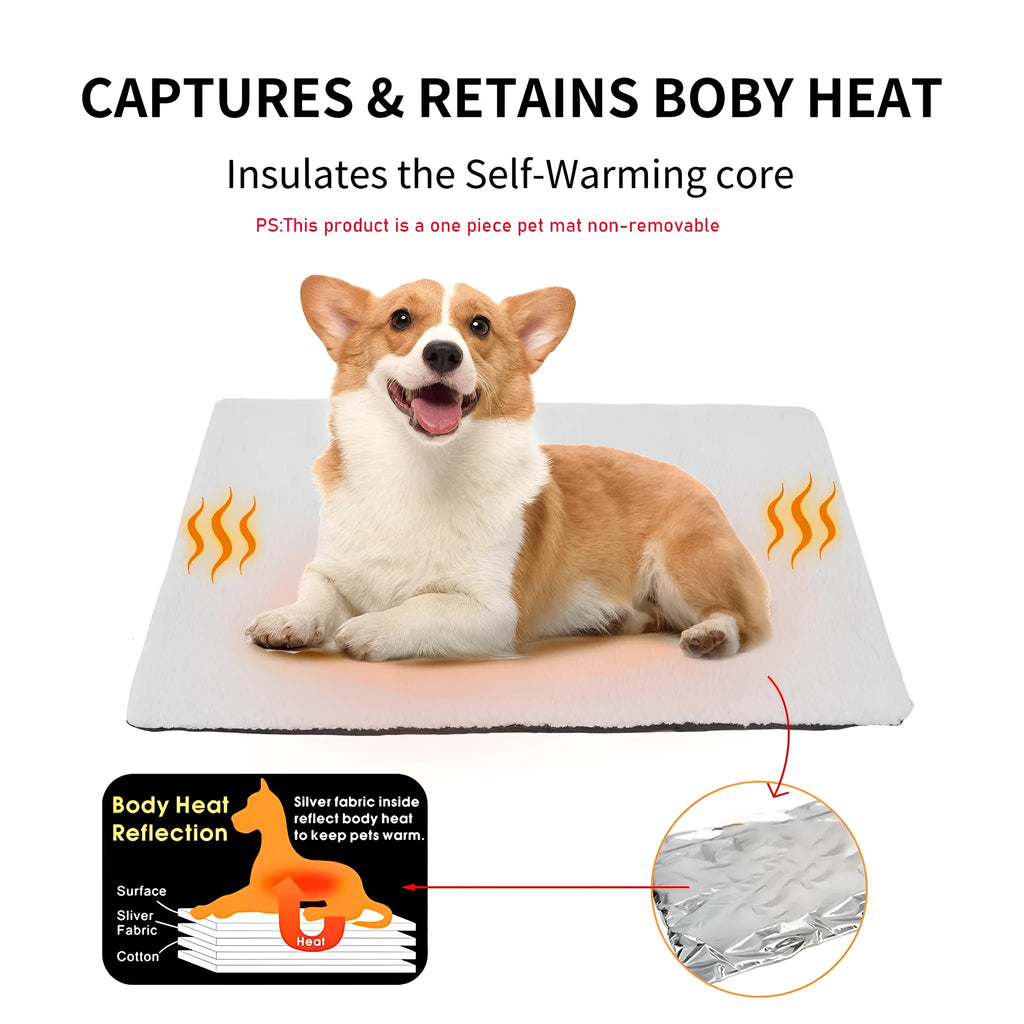 Grey self-heating plush pet pad for cats on a wooden floor