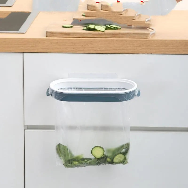 Blue plastic kitchen garbage bag storage rack on a countertop.