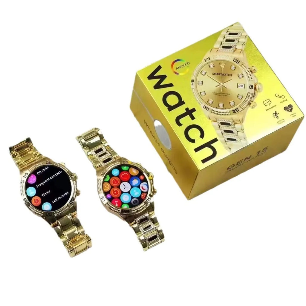 Small gold smartwatch with diamond accents on a TFT screen showing health data