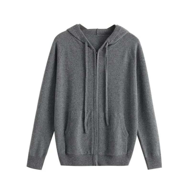 Man wearing a grey zip-up hooded cardigan, knitted cashmere blend, light business style.
