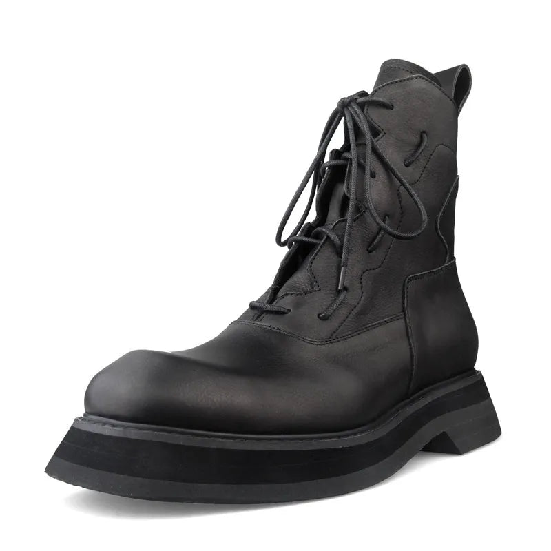 Black mid-top platform boots with PU upper and rubber sole, 3-5cm heel, unisex sizes 38-46