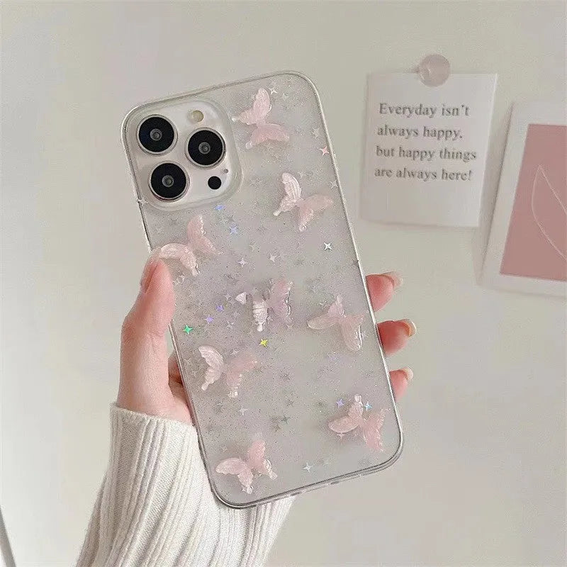 Butterfly pink ins style phone case with transparent TPU soft shell and 3D butterfly design for iPhone.