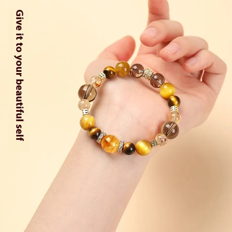 Natural yellow tower crystal and tiger-eye geometric bracelet with 10mm or 12mm bead options