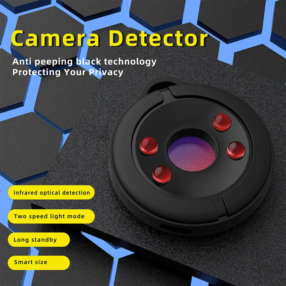 Compact handheld infrared camera detector for finding hidden spy cameras.
