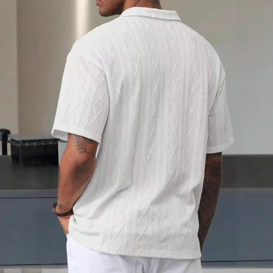 Retro button lapel short sleeve t-shirt in a cotton blend fabric, shown in a solid colour with a slit detail.
