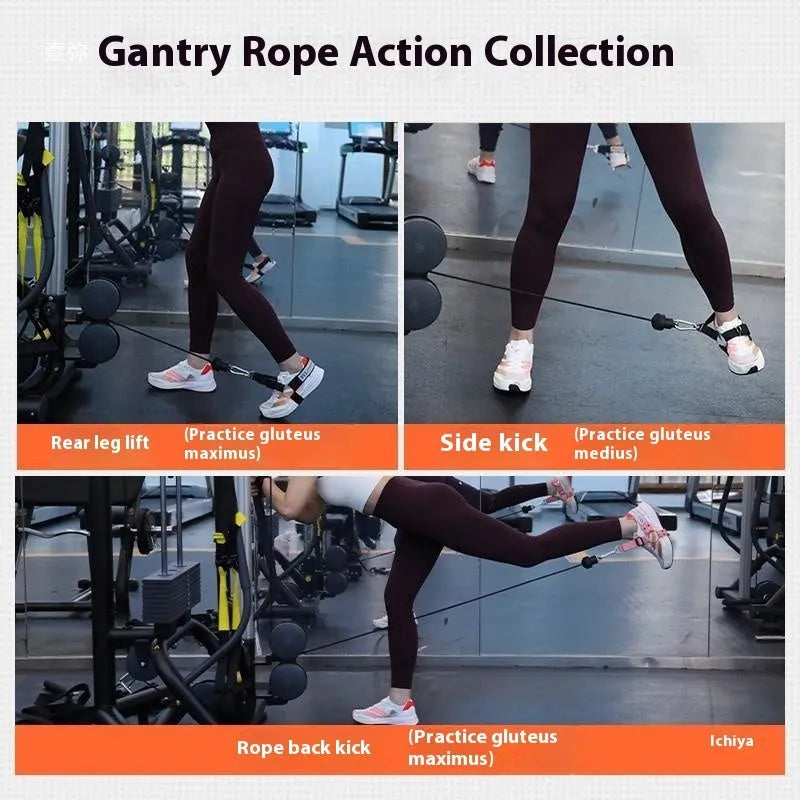 Black ankle strap with metal buckle for leg attachment in rope access or training