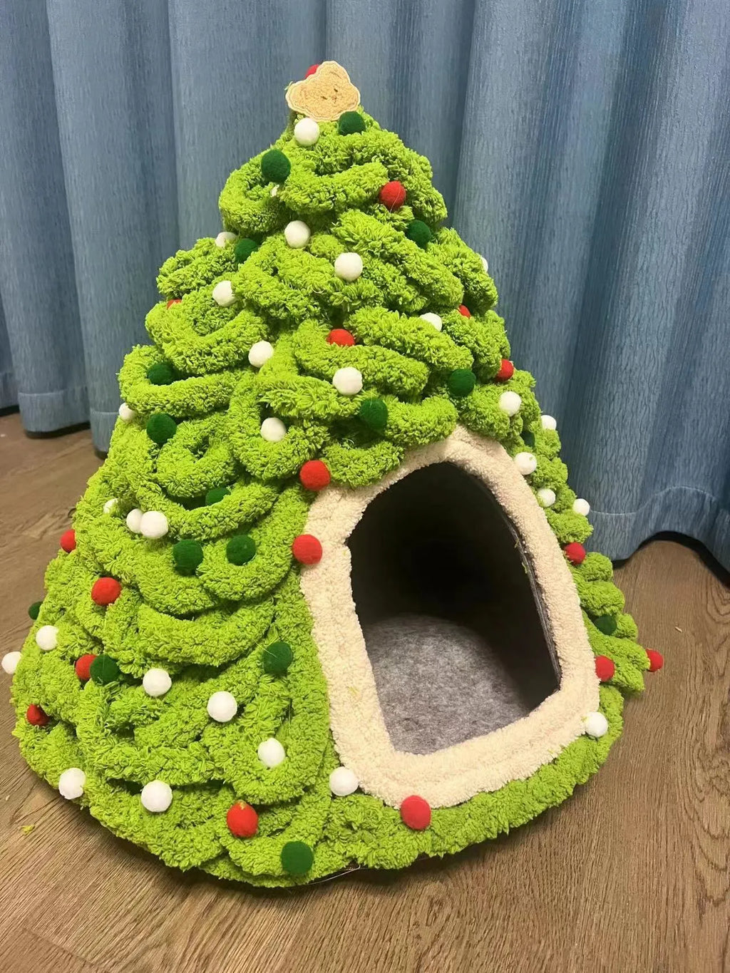 Grey handmade felt cone cat house measuring 50cm diameter by 51cm height