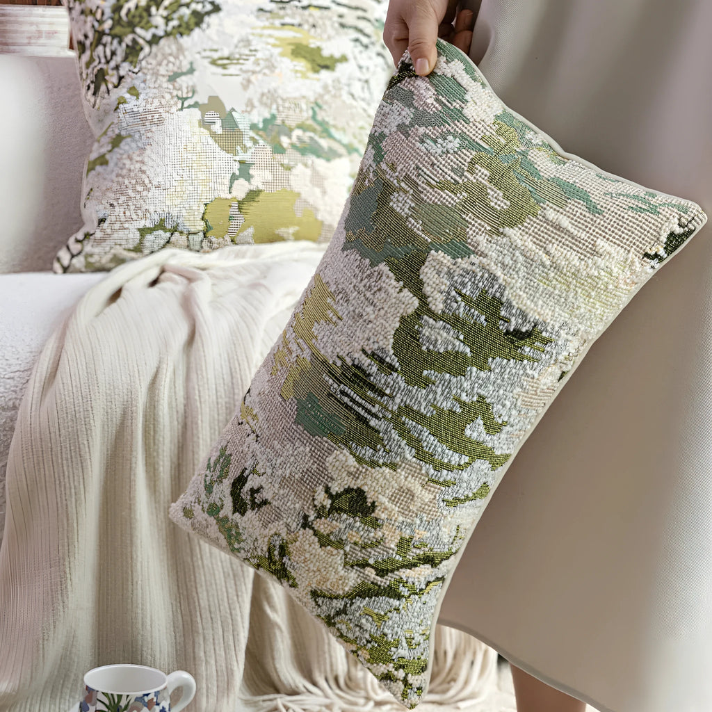 Antique green wool blended pillowcase with abstract spring flowers pattern, shown in square and bolster sizes.