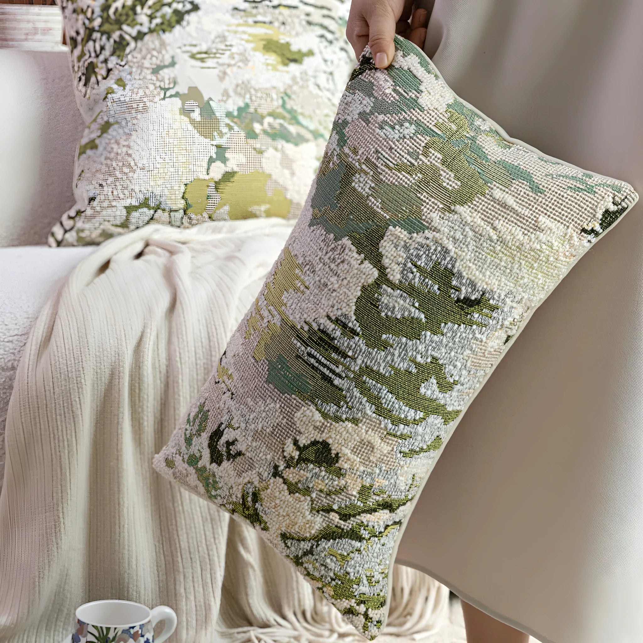 Antique green wool blended pillowcase with abstract spring flowers pattern, shown in square and bolster sizes.