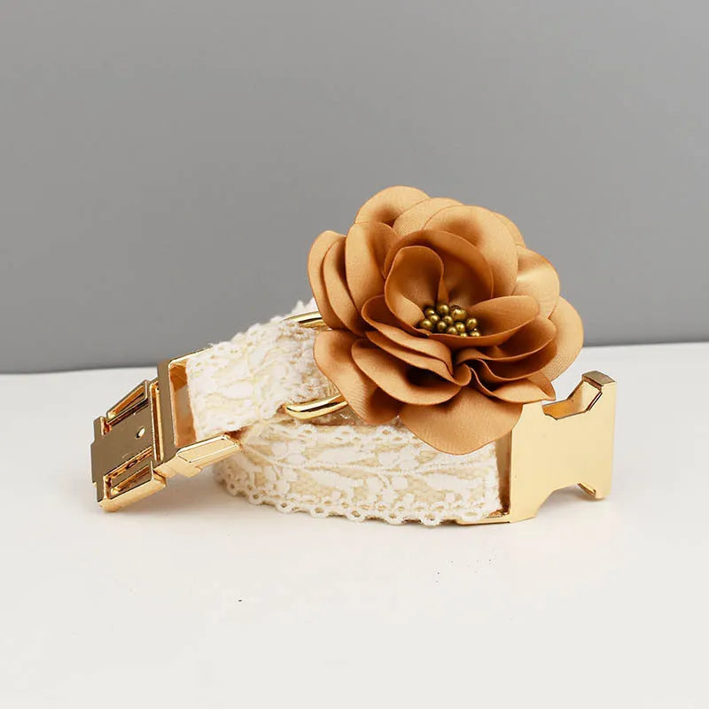 Four-piece dog wedding set with lace vest, matching collar, flower headband, and leash on white background