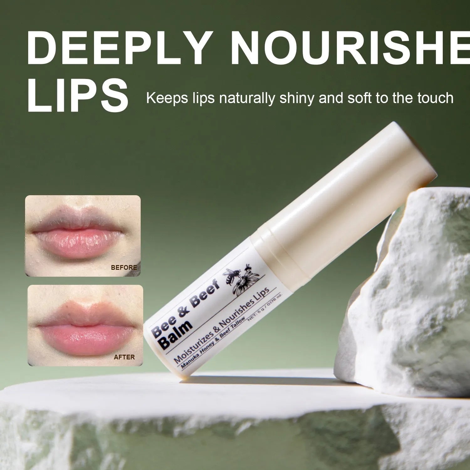 Organic grass-fed butter lip balm in 83mm tall tube with 5g content