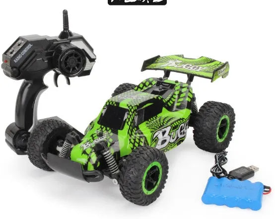 Blue and yellow 1:18 scale high-speed RC drift car with 2.4GHz remote control on an off-road surface