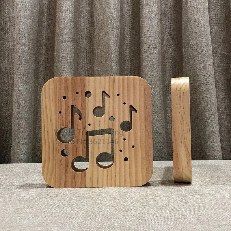 Natural pine wood 3D LED atmosphere light with warm white glow and USB cable.