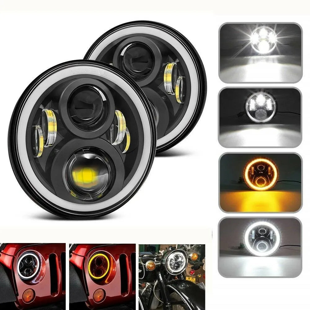 7 inch round LED headlight with angel eyes, black housing, 6500K, IP68, for 12V 24V vehicles
