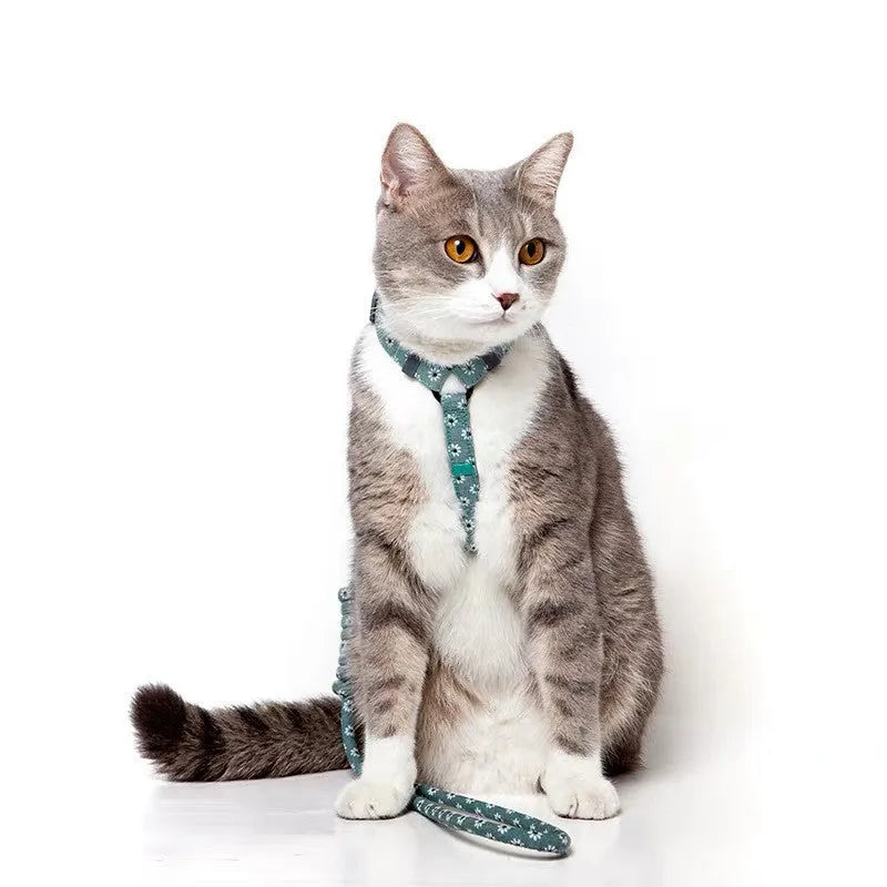 Nylon slipping cat rope harness and lead set in denim blue with adjustable neck and chest straps for small cats