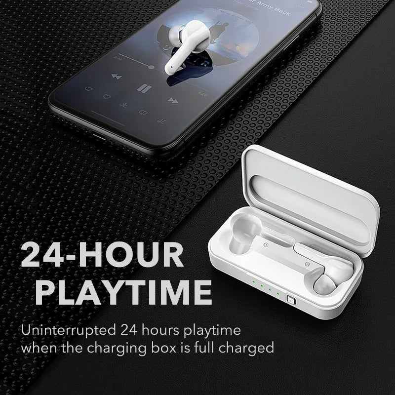 Black and white true wireless Bluetooth earbuds with in-ear design.