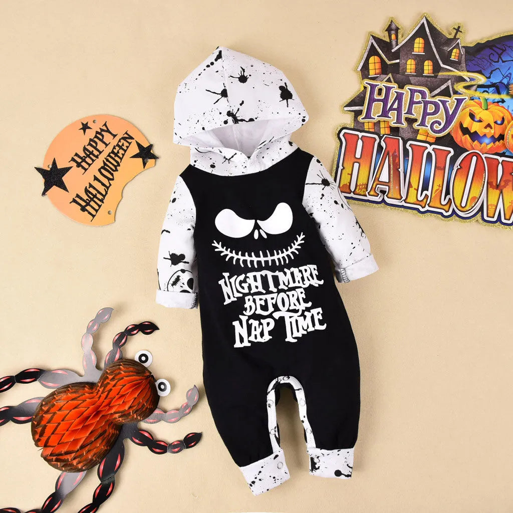 Black or brown cotton Halloween romper for children with long sleeves and a hood.