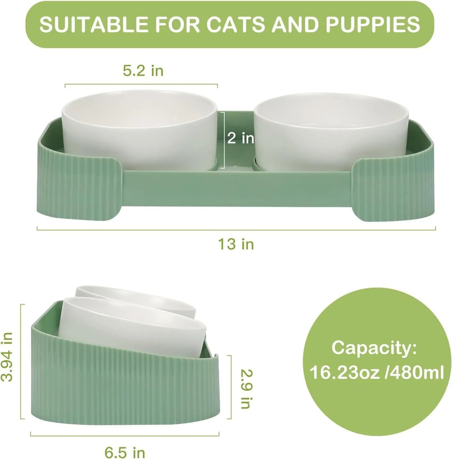 Green ceramic elevated cat bowl set with two tilted dishes on a non-slip stand.
