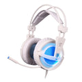 Black and white USB gaming headset with LED lights on ear cups and padded headband