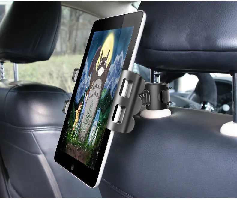 Black universal car headrest mount holding a tablet, showing 360-degree rotation and extendable arm.