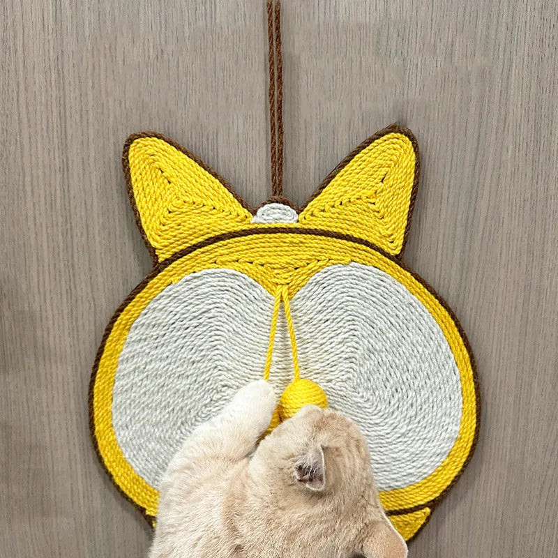 Yellow Corgi design cat scratching board with natural sisal surface on anti-slip base