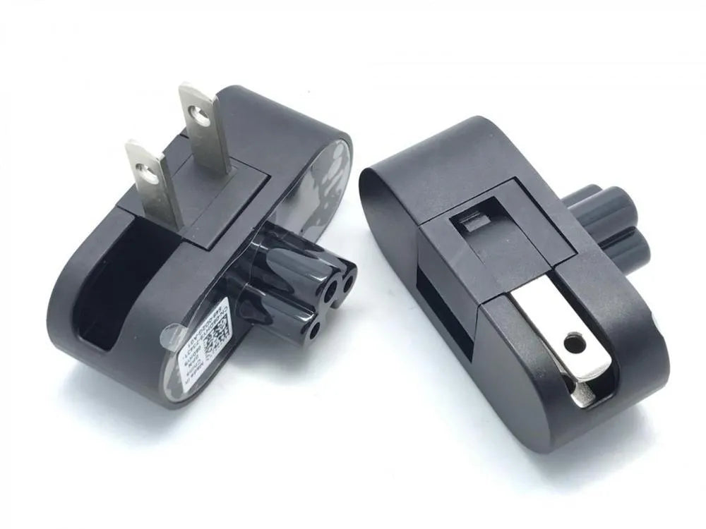 Black folding notebook power plug with two forks and plum tail connector in straight and angled positions
