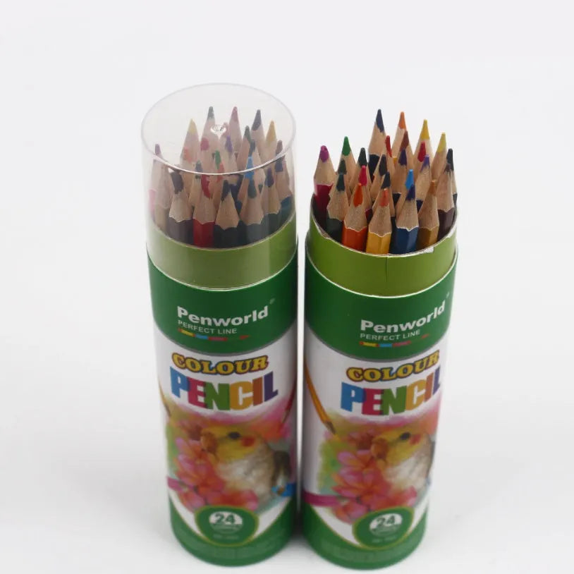 24-colour wooden crayon set in a barrel pack, each 27.4cm long, on a white background