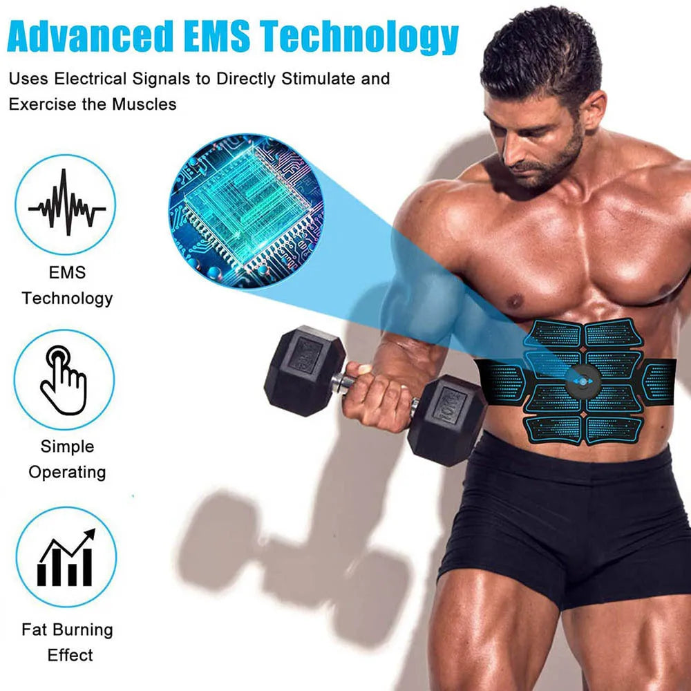 EMS abdomen muscle stimulator with belly belt and two arm belts, USB rechargeable, black