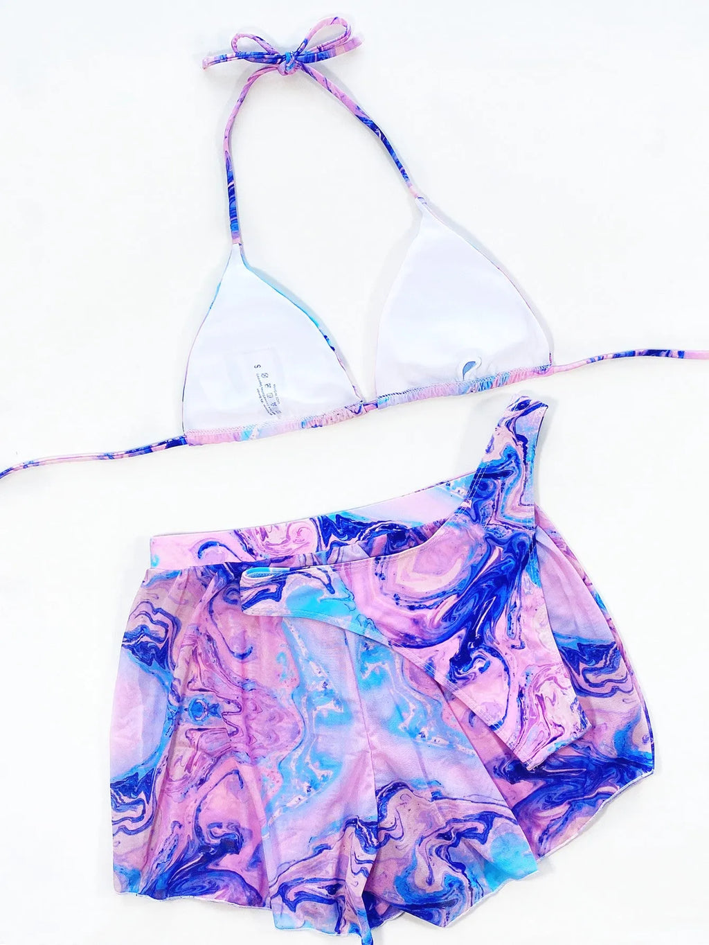 Women's pink nylon triangle bikini three piece set with bra shorts and T-pants
