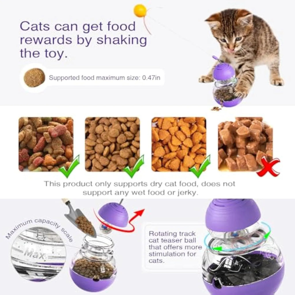 Interactive cat wand toy with food dispenser in yellow colour featuring rugby barbell ball and green tyres design