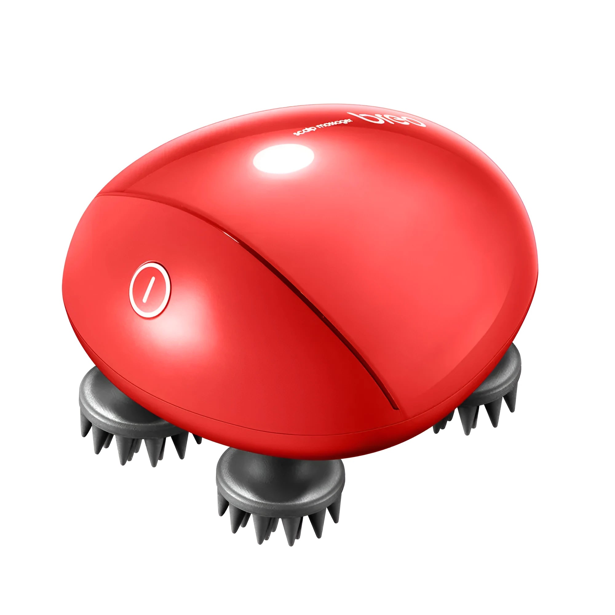 Red scalp massager with 9 nodes measuring 110mm x 120mm x 82mm