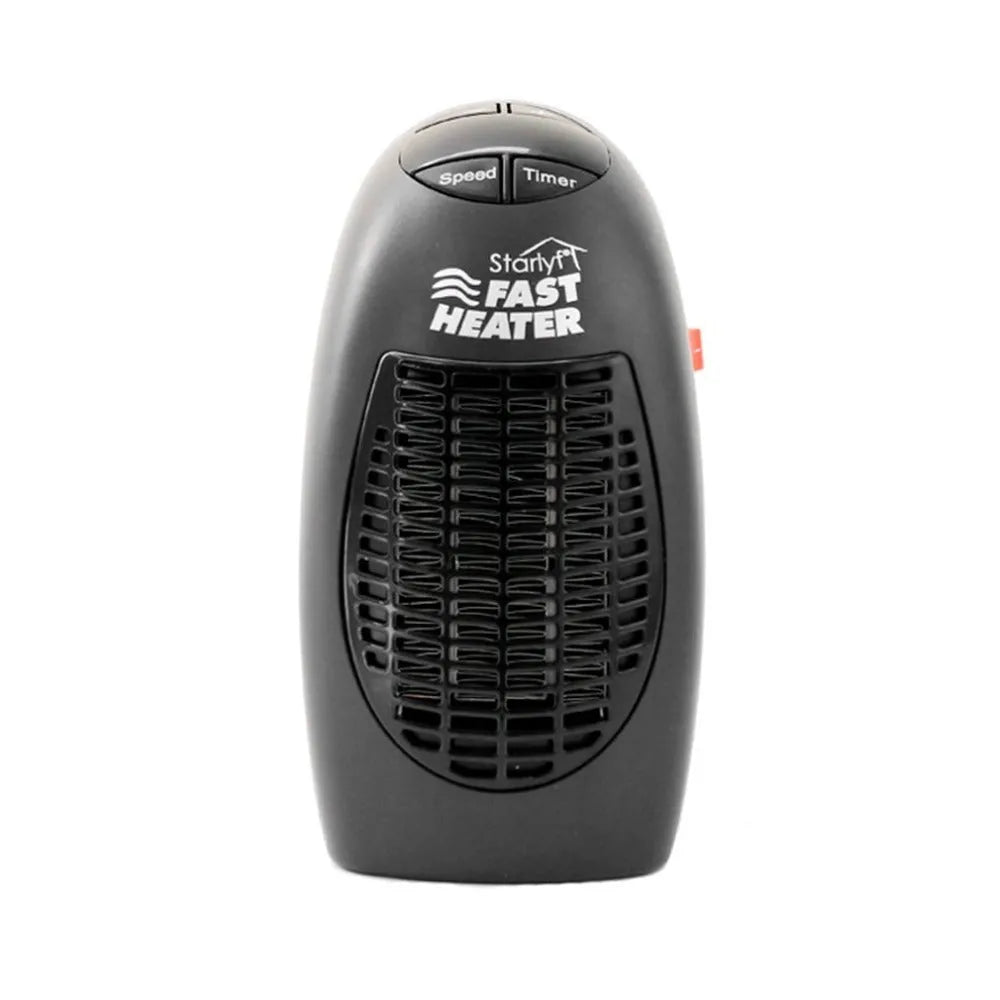 Black compact ceramic mini electric heater with digital display and a rotating three-prong plug.