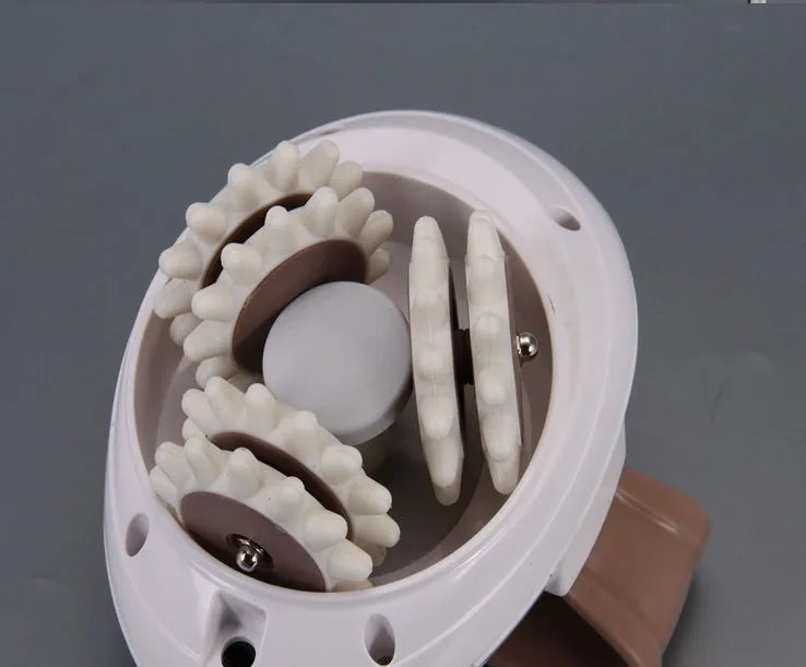 3D muscle shaping machine electric body massager with swivel wheel in white and coffee