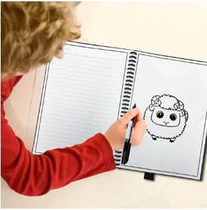 Black rewritable paper notebook open with spiral binding, erasable pen, and B5 size sheets