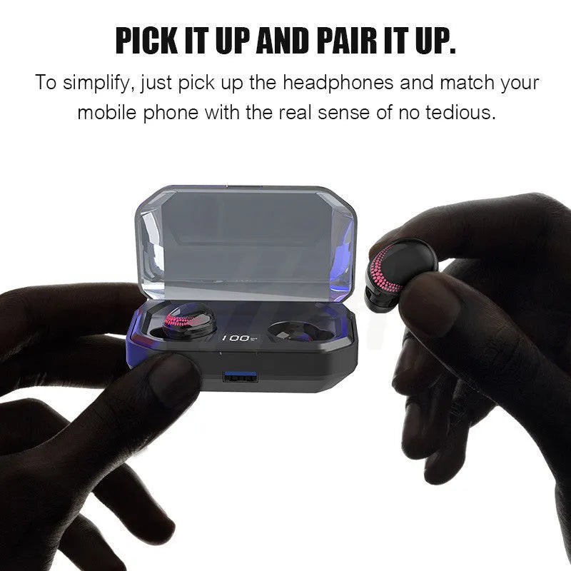 Black X10 Bluetooth wireless headset with a charging case on a white background.