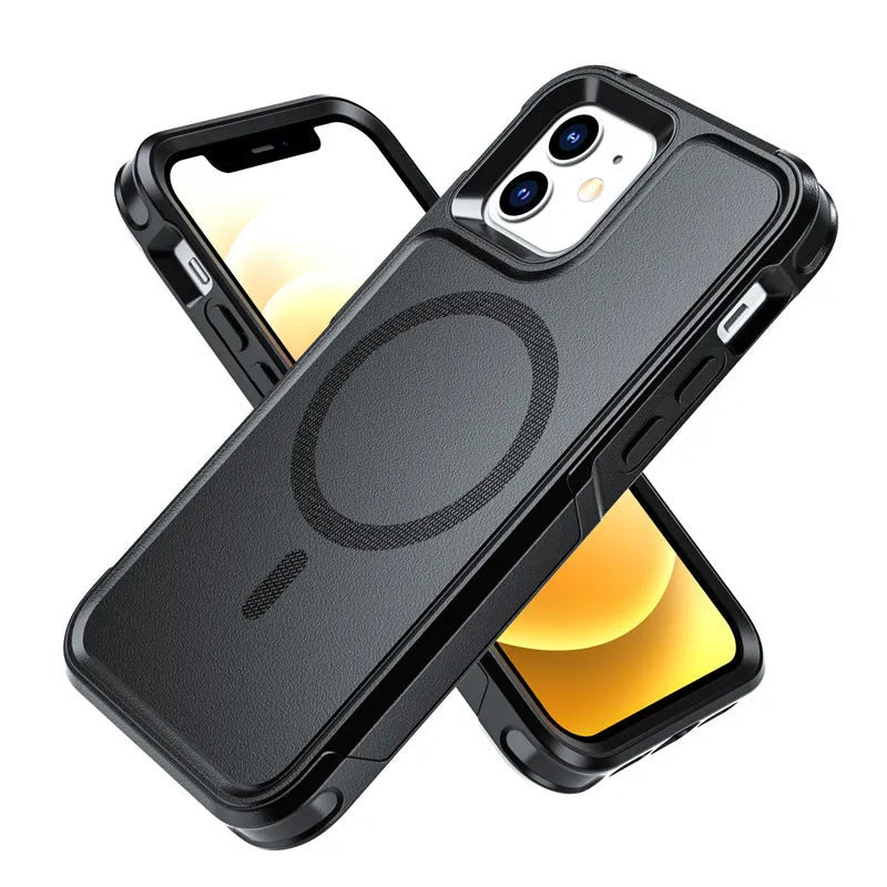Black shatterproof magnetic phone case for iPhone 12 and 13 series models showing front and back views