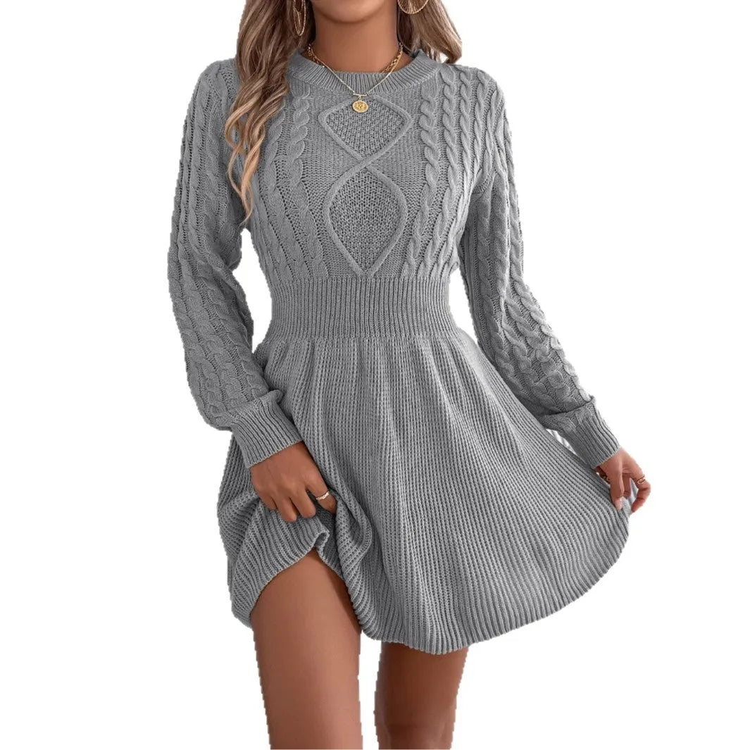 Women's solid colour sweater dress with lantern sleeves and a twist detail at the elastic waist.