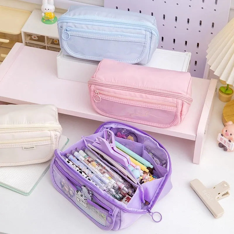 Korean canvas pencil case showing ten-layer flip design in multiple colour options