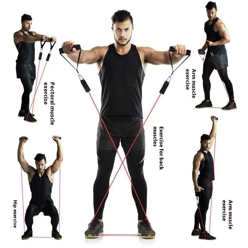 11-piece door-mounted fitness set with a combination pulling rope, showing ABS plastic components and hook options.
