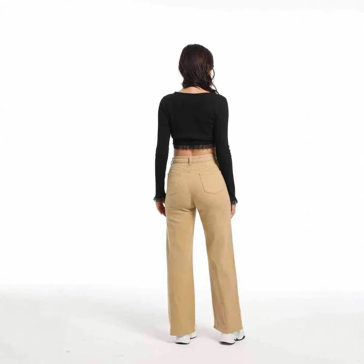 Women's apricot wide-leg straight jeans with high waist on a hanger.