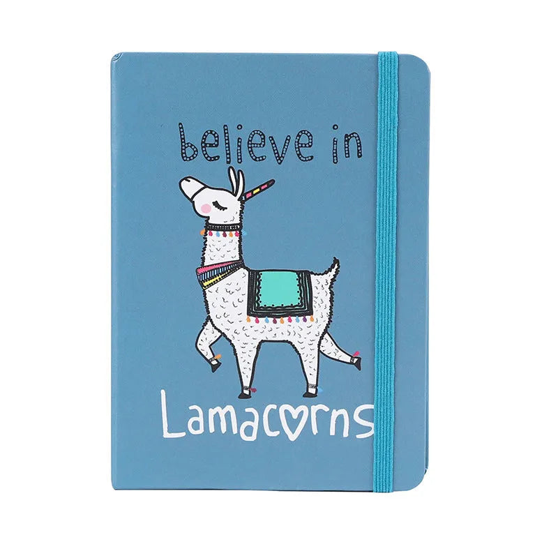 Alpaca cartoon notepad showing A5, A6, A7 sizes with yellow paper pages and mixed colour cover options.
