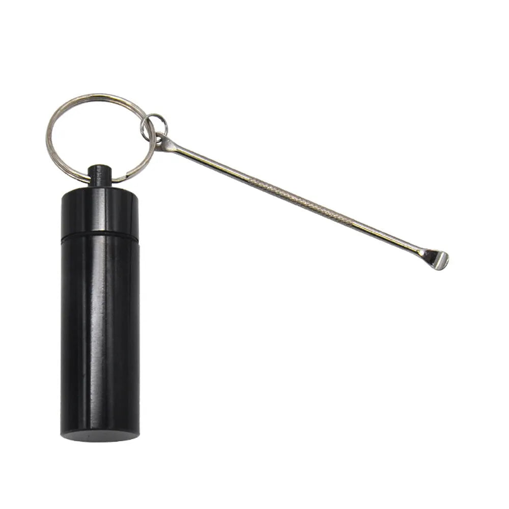 Aluminium portable medicine storage bottle with keychain and spoon in multiple colour options.