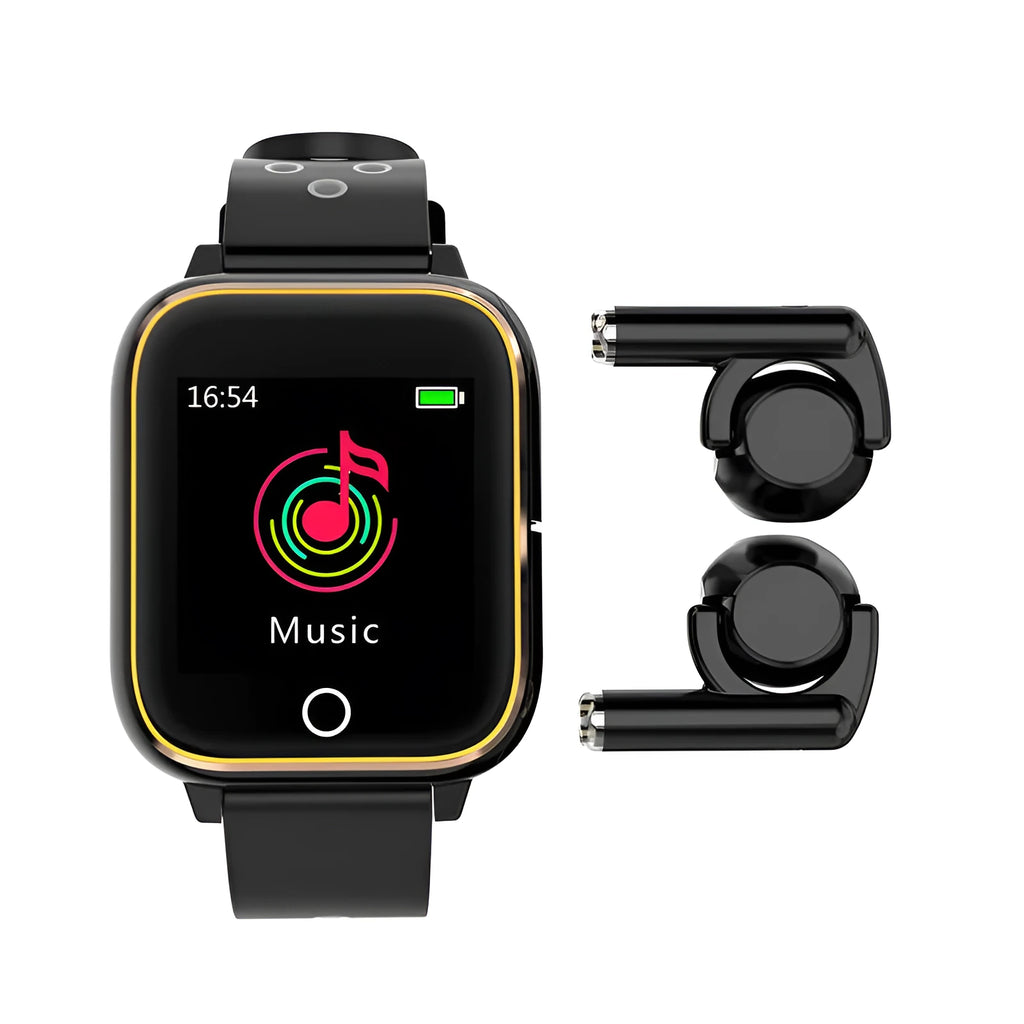 Black smartwatch with integrated Bluetooth earbuds stored in the watch case for fitness tracking and calls.
