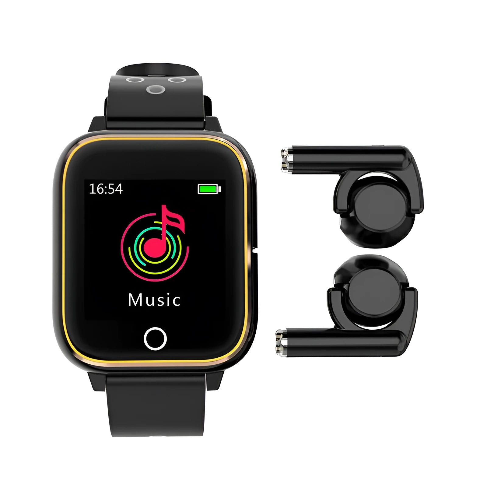 Black smartwatch with integrated Bluetooth earbuds stored in the watch case for fitness tracking and calls.
